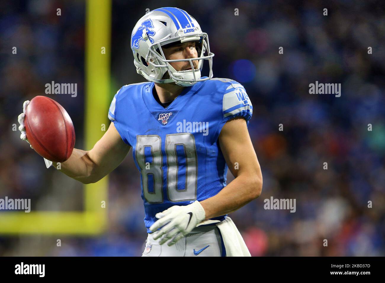 FILE - In this July 25, 2019, file photo, Detroit Lions wide receiver Danny  Amendola runs a drill at the Lions NFL football practice facility in Allen  Park, Mich. The 33-year-old Amendola