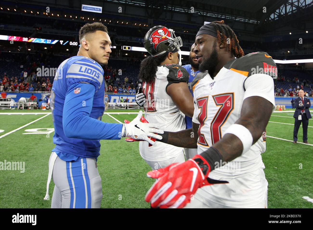 Detroit Lions defensive back Miles Killebrew (35) greets Tampa Bay Buccaneers defensive back Sean Murphy-Bunting (26) at the conclusion of an NFL football game against the Tampa Bay Buccaneers in Detroit, Michigan USA, on Sunday, December 15, 2019. (Photo by Amy Lemus/NurPhoto) Stock Photo