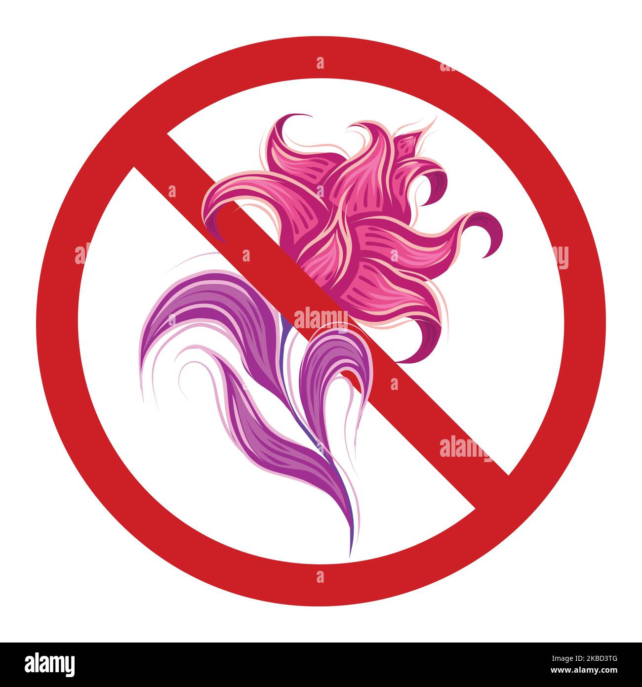 Vector forbidden sign with fabulous curled pink flowers. Dont pick flowers. Prohibited badge with fairy pink poppy with violet leaves. Rare fantastic Stock Vector