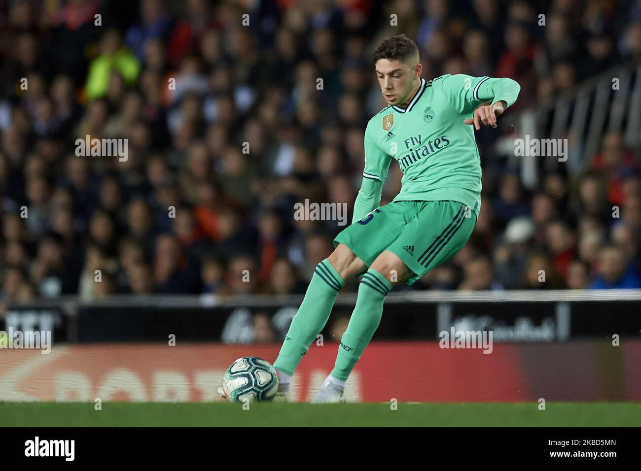 Federico Valverde of Real Madrid does passed during the Liga match between Valencia CF and Real Madrid CF at Estadio Mestalla on December 15, 2019 in Valencia, Spain. (Photo by Jose Breton/Pics Action/NurPhoto) Stock Photo