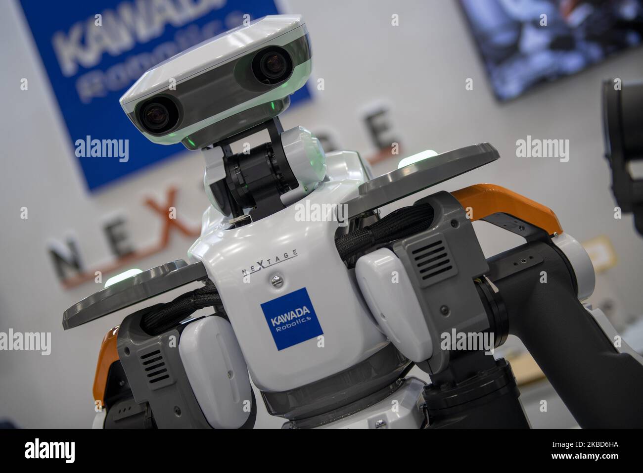 Humanoid robot stands on display at the International Robot Exhibition 2019 at the Tokyo Big