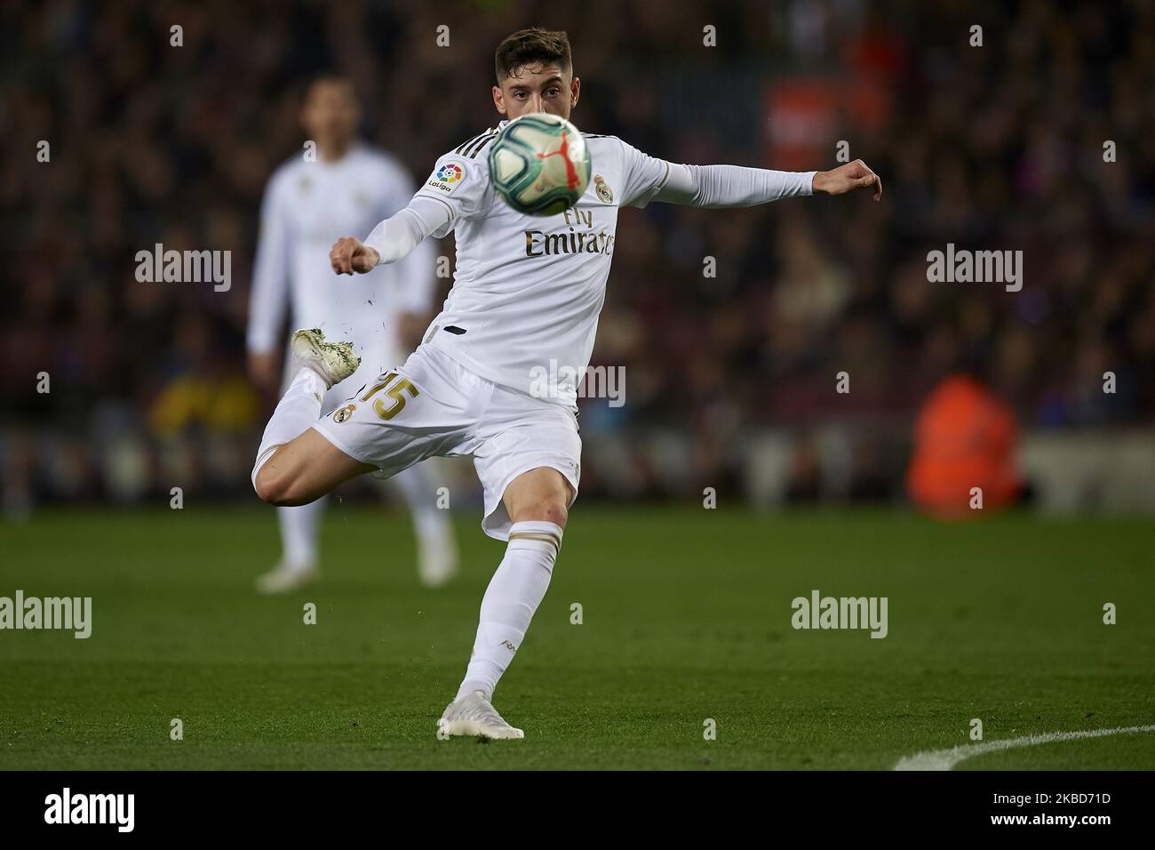 Federico Valverde of Real Madrid shooting to goal during the Liga match between FC Barcelona and Real Madrid CF at Camp Nou on October 26, 2019 in Barcelona, Spain. (Photo by Jose Breton/Pics Action/NurPhoto) Stock Photo