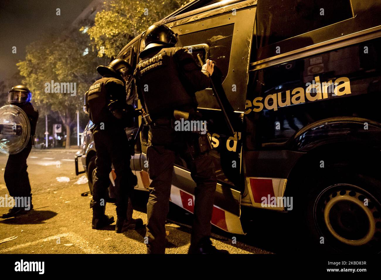 Catalan pro-independence activist clashes with police near the Camp Nou stadium during the FC Barcelona vs Real Madrid spanish league match in Barcelona, Catalonia, Spain, December 18, 2019 (Photo by Miquel Llop/NurPhoto) Stock Photo