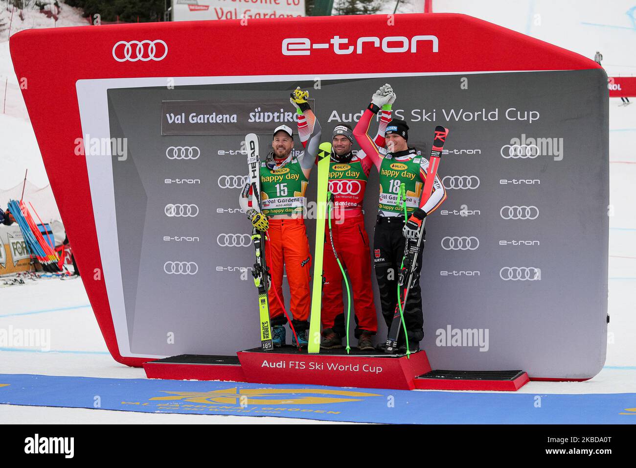 Jansrud Kjetil of Norway, Kriechmayr Vincent of Austria and Dressen Thomas of Germany during the Audi FIS Alpine Ski World Cup Super G on December 20, 2019 in Val Gardena, Italy. (Photo by Emmanuele Ciancaglini/NurPhoto) Stock Photo