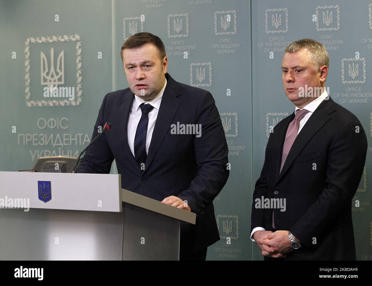 Ministry of Energy of Ukraine Oleksiy Orzhel (L) and Executive Officer of Naftogaz of Ukraine Yuriy Vitrenko attend a briefing in Kyiv, Ukraine, on 21 December, 2019. On December 20, representatives of the European Commission, Ukraine and the Russian Federation reached a final agreement on the transit of Russian gas through Ukraine to European consumers and the settlement of mutual claims, according to media. (Photo by STR/NurPhoto) Stock Photo