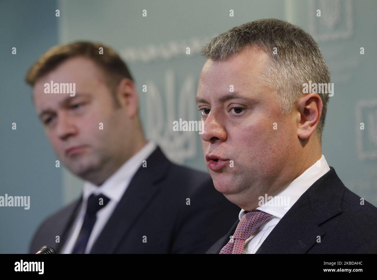 Ministry of Energy of Ukraine Oleksiy Orzhel (L) and Executive Officer of Naftogaz of Ukraine Yury Vitrenko attend a briefing in Kyiv, Ukraine, on 21 December, 2019. On December 20, representatives of the European Commission, Ukraine and the Russian Federation reached a final agreement on the transit of Russian gas through Ukraine to European consumers and the settlement of mutual claims, according to media. (Photo by STR/NurPhoto) Stock Photo