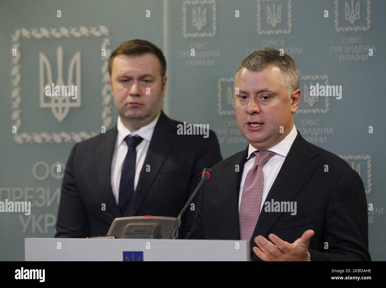 Ministry of Energy of Ukraine Oleksiy Orzhel (L) and Executive Officer of Naftogaz of Ukraine Yury Vitrenko attend a briefing in Kyiv, Ukraine, on 21 December, 2019. On December 20, representatives of the European Commission, Ukraine and the Russian Federation reached a final agreement on the transit of Russian gas through Ukraine to European consumers and the settlement of mutual claims, according to media. (Photo by STR/NurPhoto) Stock Photo