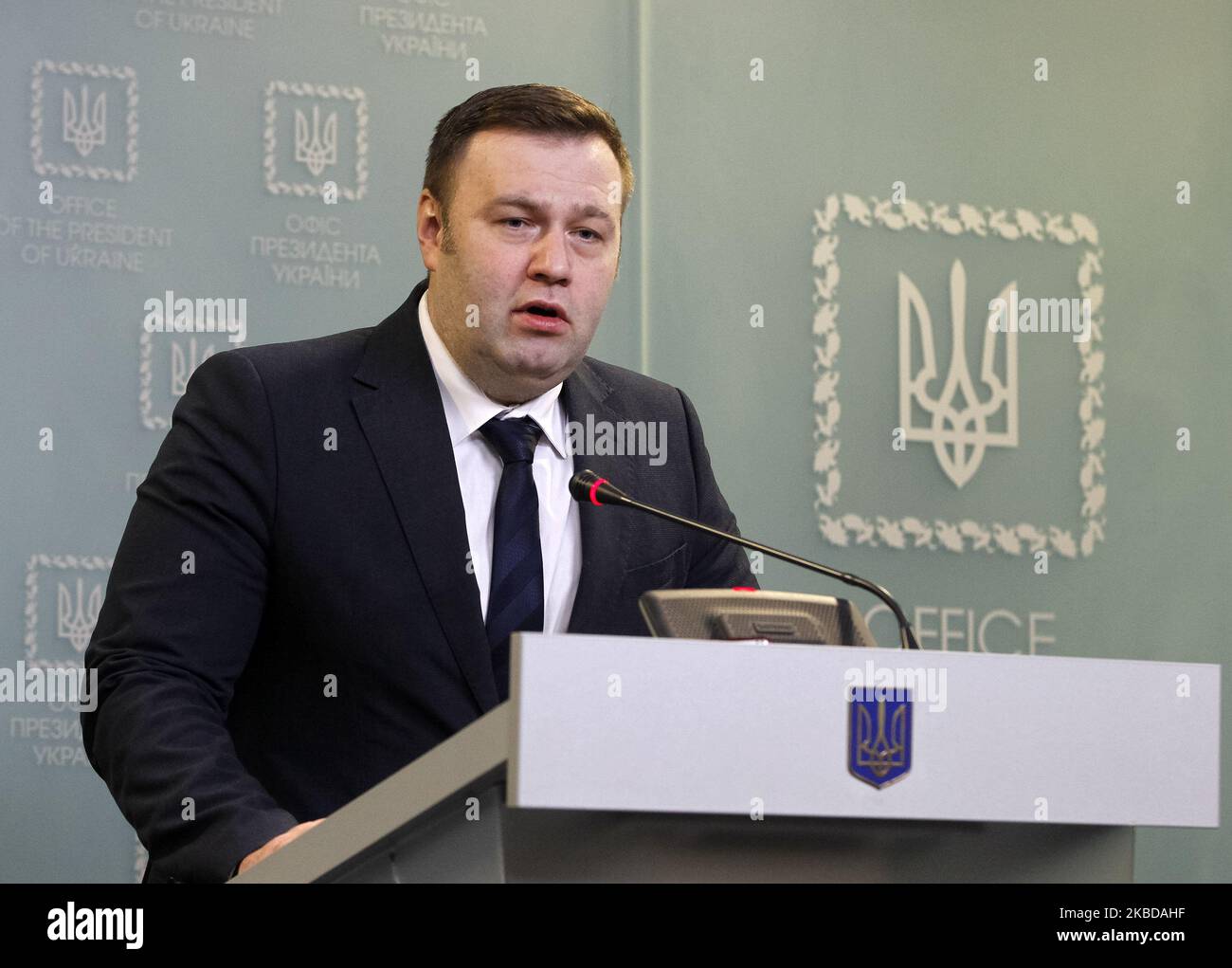 Ministry of Energy of Ukraine Oleksiy Orzhel speaks during a briefing with Executive Officer of Naftogaz of Ukraine Yury Vitrenko (not seen) in Kyiv, Ukraine, on 21 December, 2019. On December 20, representatives of the European Commission, Ukraine and the Russian Federation reached a final agreement on the transit of Russian gas through Ukraine to European consumers and the settlement of mutual claims, according to media. (Photo by STR/NurPhoto) Stock Photo