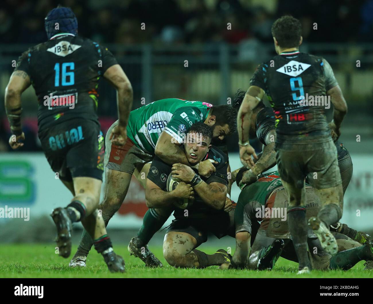 Danilo Fischetti of Zebre tackled by Nicola Quaglio of Benetton during the rugby Guinness Pro14 match Zebre Rugby Club v Benetton Treviso at the Lanfranchi Stadium in Parma, Italy on December 21, 2019 (Photo by Matteo Ciambelli/NurPhoto) Stock Photo