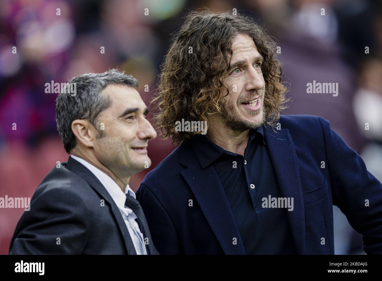 Ernesto Valverde from Spain and Carles Puyol of FC Barcelona during La Liga match between FC Barcelona and Deportivo Alaves at Camp Nou on December 21, 2019 in Barcelona, Spain. (Photo by Xavier Bonilla/NurPhoto) Stock Photo