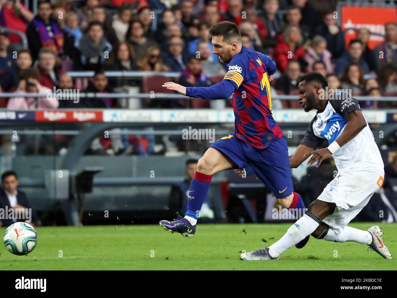 Mubarak Wakaso and Leo Messi during the match between FC Barcelona and Deportivo Alaves, corresponding to the week 18 of the Liga Santander, played at the Camp Nou Stadium, on 21th December 2019, in Barcelona, Spain. -- (Photo by Urbanandsport/NurPhoto) Stock Photo