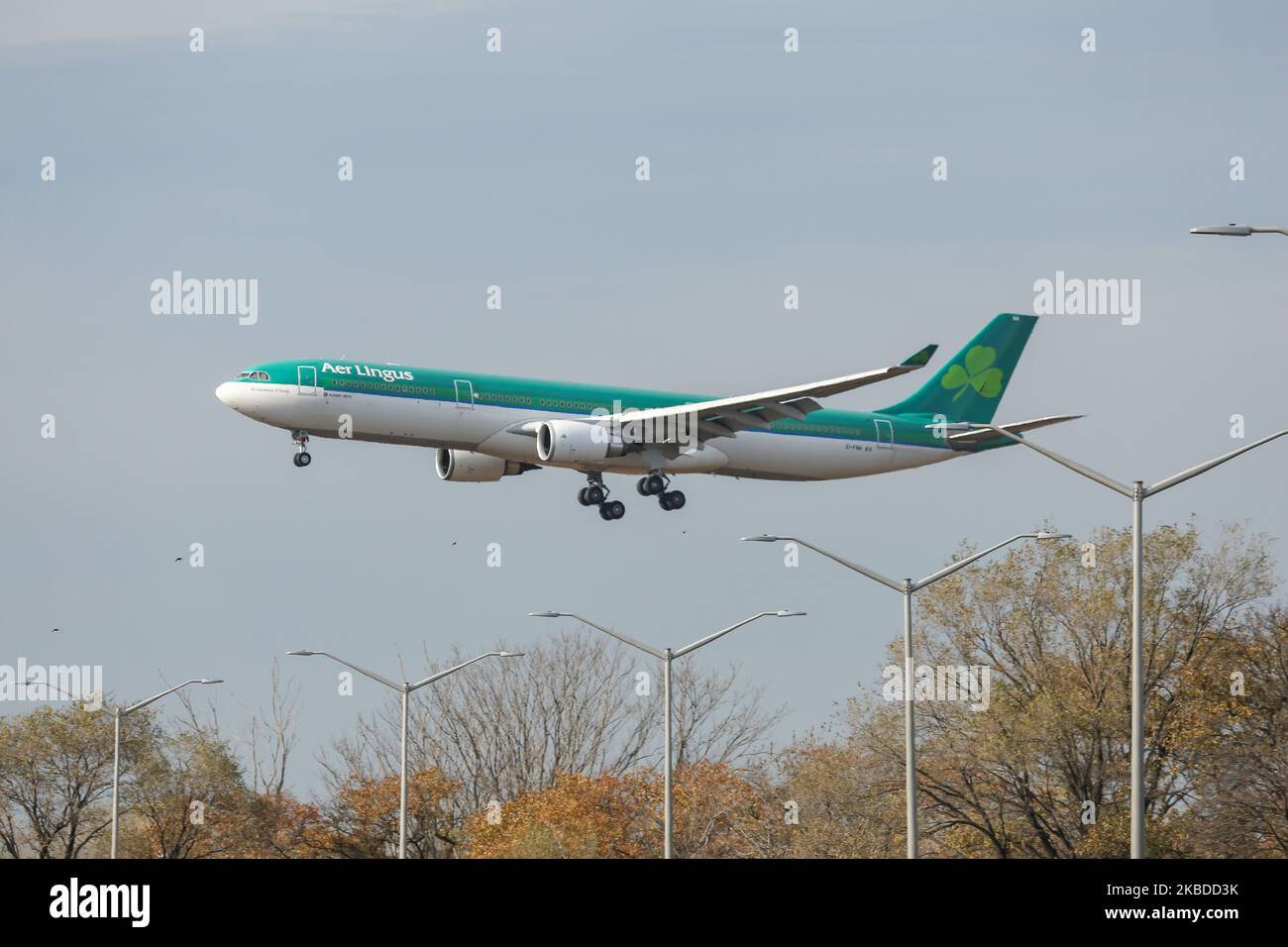 Aer Lingus Airbus A330-300 aircraft as seen on final approach landing at New York JFK John F. Kennedy International Airport on 14 November 2019. The airplane has the registration EI-FNH, 2x GE jet engines and the name St Laurence O'Toole / Lorcan O Tuathail. Aer Lingus with IATA code EI, ICAO EIN and Callsign Shamrock is the flag carrier airline of Ireland based in the Irish Capital Dublin and member of Oneworld aviation alliance. (Photo by Nicolas Economou/NurPhoto) Stock Photo