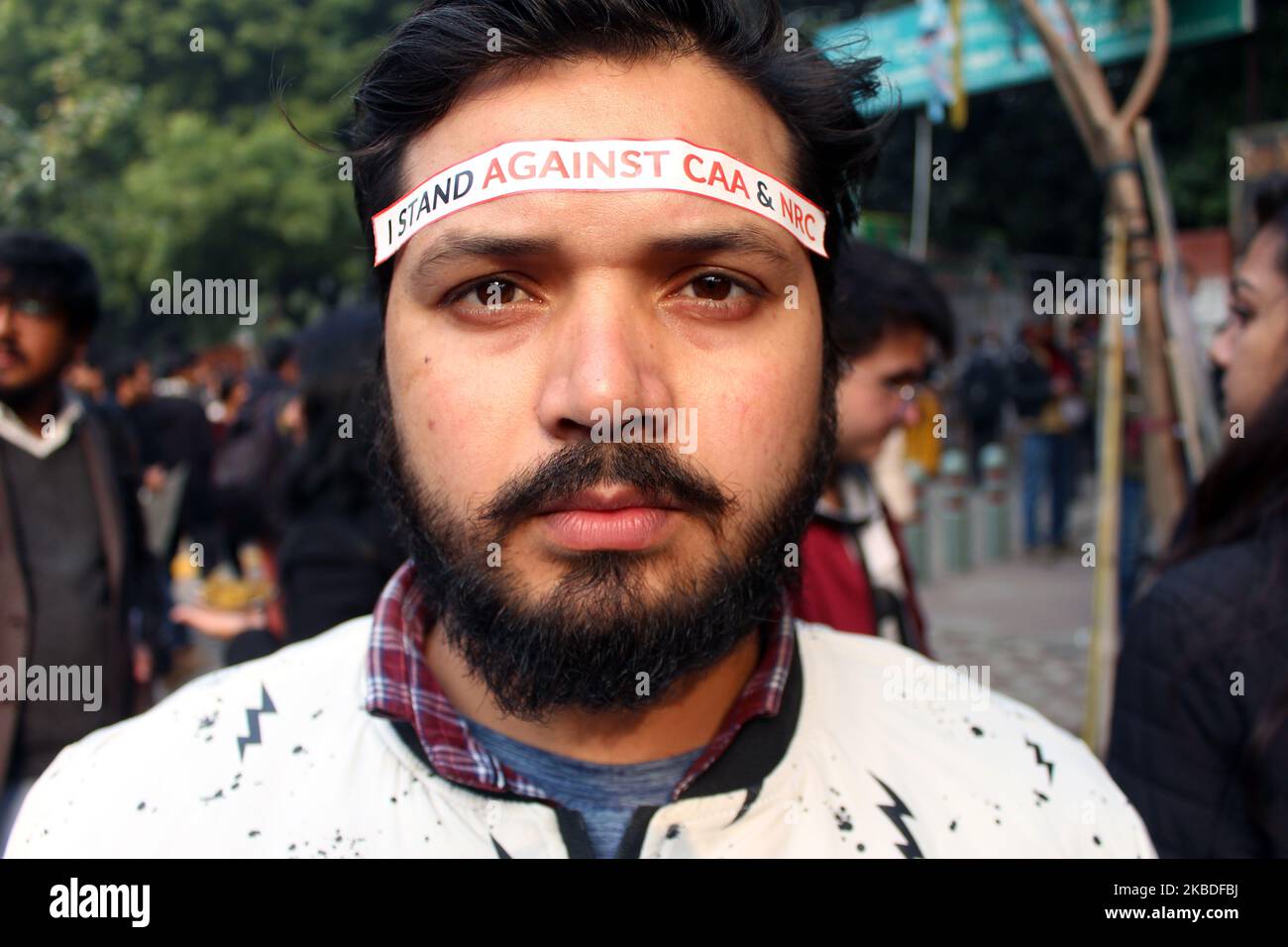 A protester is seen during the protest against the government's Citizenship Amendment Bill (CAB) and National Register of Citizens (NRC) at Jantar Mantar in New Delhi on December 24, 2019. The Citizenship Amendment Act has triggered nationwide protests as it paved way for six minority communities Hindus, Sikhs, Jain, Buddhists, Zoroastrians and Christians who came to India from Pakistan, Bangladesh or Afghanistan to escape religious persecution before December 31, 2014 to get Indian citizenship. So far, 17 people have died and thousands arrested in two weeks of protests in India against the co Stock Photo