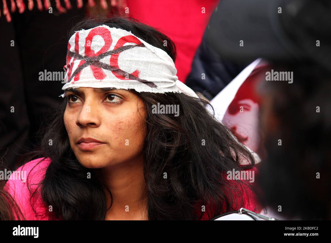 A protester is seen during the protest against the government's Citizenship Amendment Bill (CAB) and National Register of Citizens (NRC) at Jantar Mantar in New Delhi on December 24, 2019. The Citizenship Amendment Act has triggered nationwide protests as it paved way for six minority communities Hindus, Sikhs, Jain, Buddhists, Zoroastrians and Christians who came to India from Pakistan, Bangladesh or Afghanistan to escape religious persecution before December 31, 2014 to get Indian citizenship. So far, 17 people have died and thousands arrested in two weeks of protests in India against the co Stock Photo