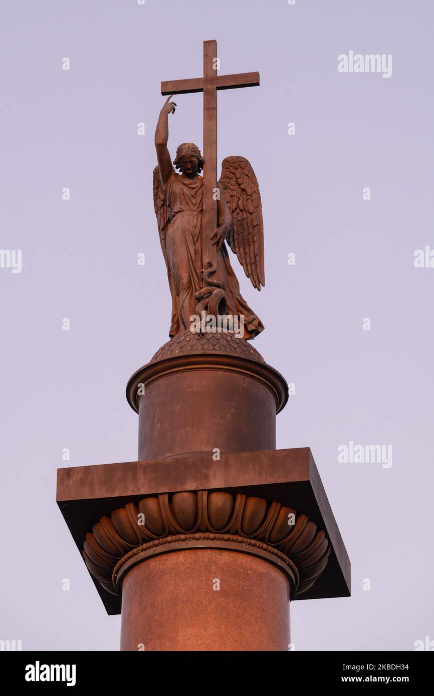 Sculpture of angel on top of the Alexander Column (1834) on a July evening. Saint-Petersburg, Russia Stock Photo