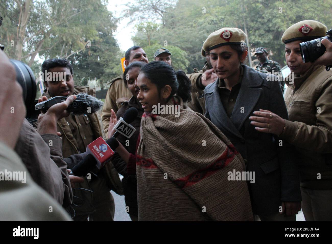 Aishe Ghosh, President of Jawaharlal Nehru University Student Union (JNUSU) was detained while addressing the media at the Uttar Pradesh Bhawan in the national capital on Friday to agitate against the Yogi Adityanath government over the deaths during the anti-Citizenship Amendment Act (CAA) protests in the state on December 28, 2019. According to the sources, 19 people have died due to police firing during the CAA protests in the state. (Photo by Mayank Makhija/NurPhoto) Stock Photo