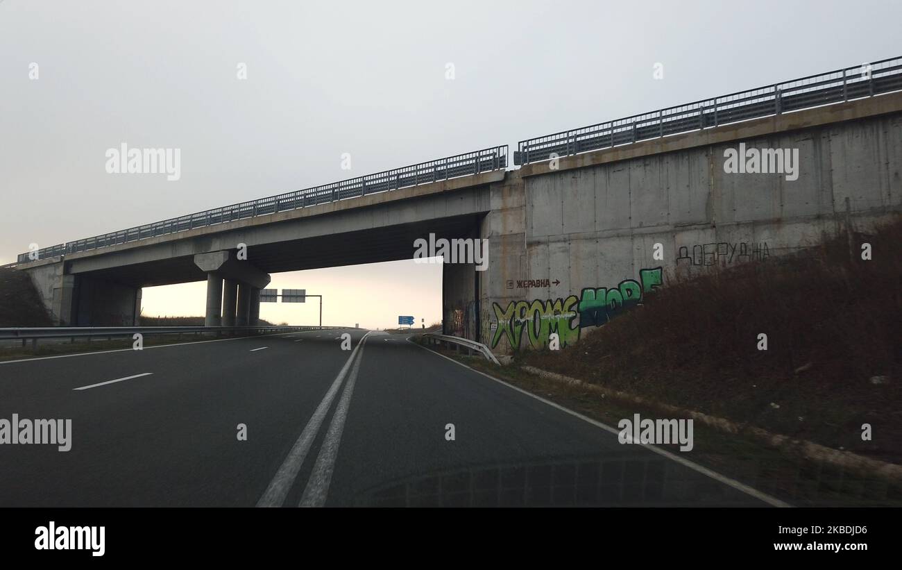 A1 Trakya highway which connects Sofia with the Black Sea city of Burgas. From January 2020, trucks and buses up to 12 tonnes will pay a fee of about 10 Bulgarian cents(0,05 euro cents) per kilometer for over about 10,000 km of national roads to be covered by the toll system. This was announced by the Ministry of Regional Development and Public Works. Toll charges for heavy goods vehicles will be based on kilometers spent on about half of Republican roads totaling 20,000 km. The movement of about 20,000 km of municipal roads remains free. The MRDPW requirement was to offer lower-than-EU-wide p Stock Photo