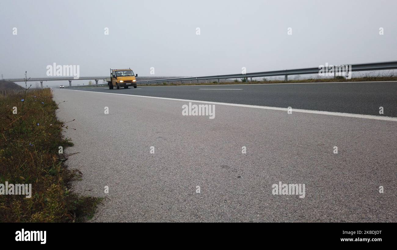 A1 Trakya highway which connects Sofia with the Black Sea city of Burgas. From January 2020, trucks and buses up to 12 tonnes will pay a fee of about 10 Bulgarian cents(0,05 euro cents) per kilometer for over about 10,000 km of national roads to be covered by the toll system. This was announced by the Ministry of Regional Development and Public Works. Toll charges for heavy goods vehicles will be based on kilometers spent on about half of Republican roads totaling 20,000 km. The movement of about 20,000 km of municipal roads remains free. The MRDPW requirement was to offer lower-than-EU-wide p Stock Photo