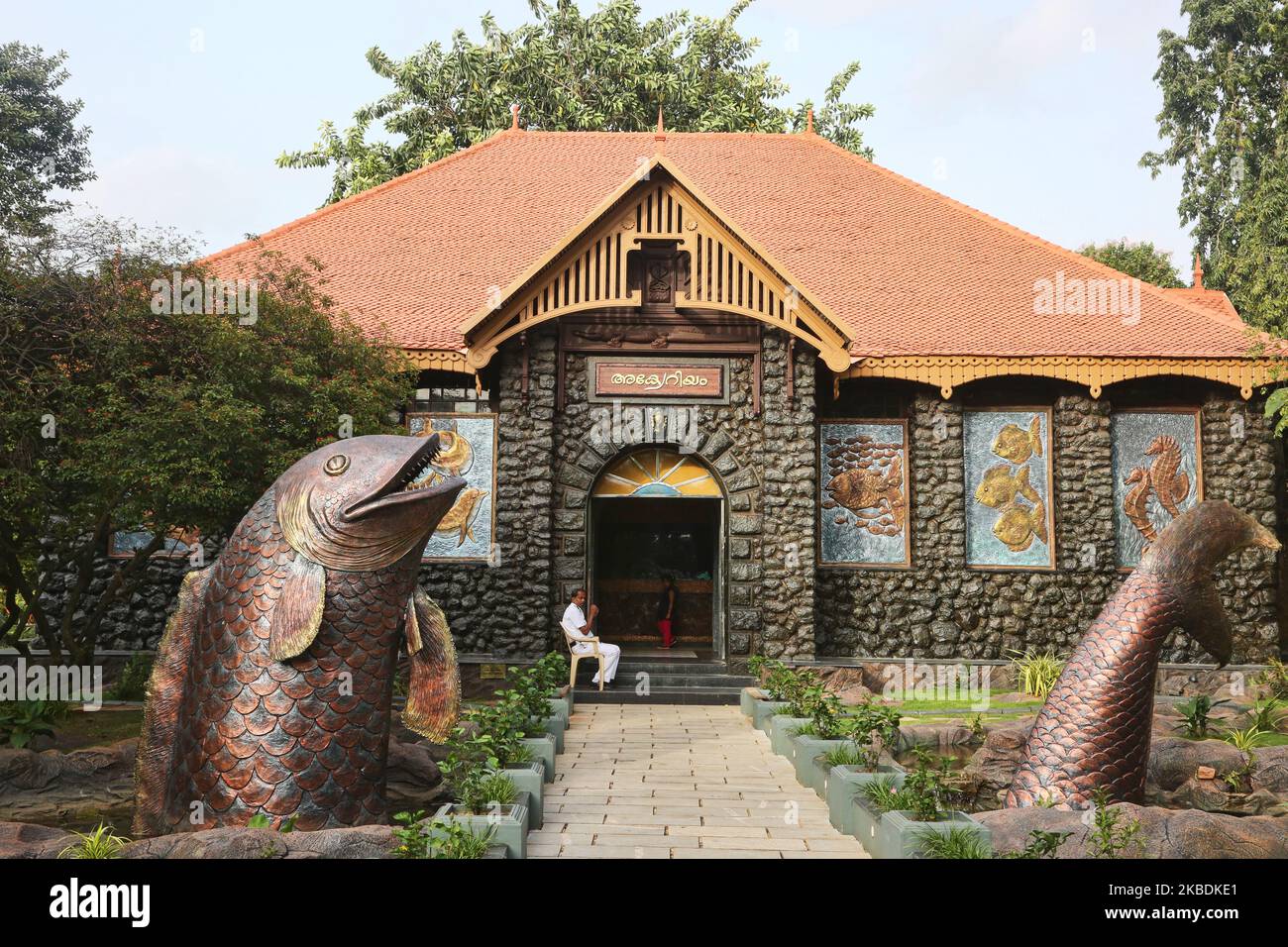Large sculpture of a giant prehistoric fish outside the Trivandrum