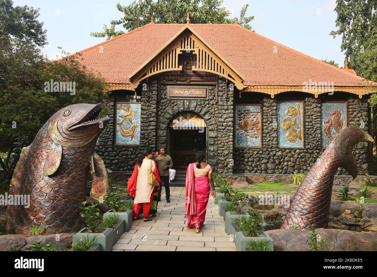 Large sculpture of a giant prehistoric fish outside the Trivandrum