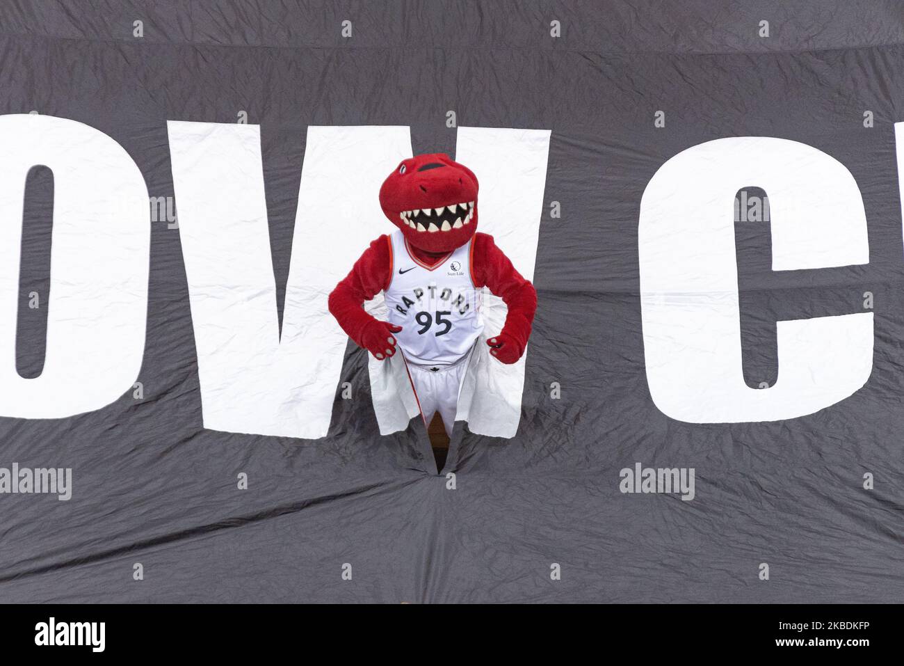 Raptors team mascot in a middle of big banner at timeout during the Toronto Raptors vs Oklahoma City Thunder NBA regular season game at Scotiabank Arena on December 29, 2019, in Toronto, Canada (Oklahoma City Thunder won 98:97) (Photo by Anatoliy Cherkasov/NurPhoto) Stock Photo