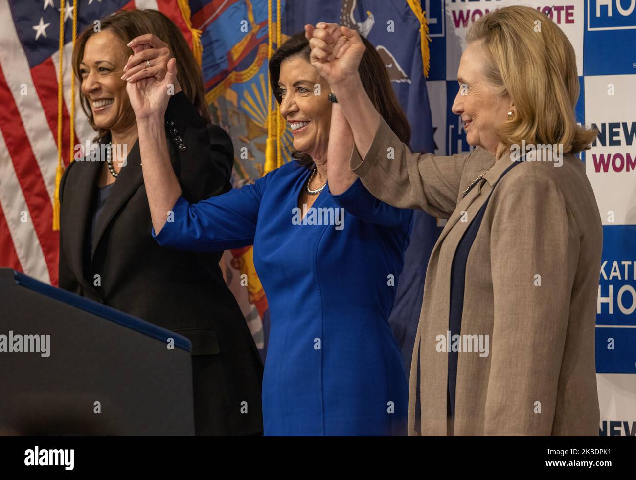 NEW YORK, N.Y. – November 3, 2022: Vice President Kamala Harris, Gov. Kathy Hochul, and Fmr. Sec. of State Hillary Clinton are seen at a rally. Stock Photo