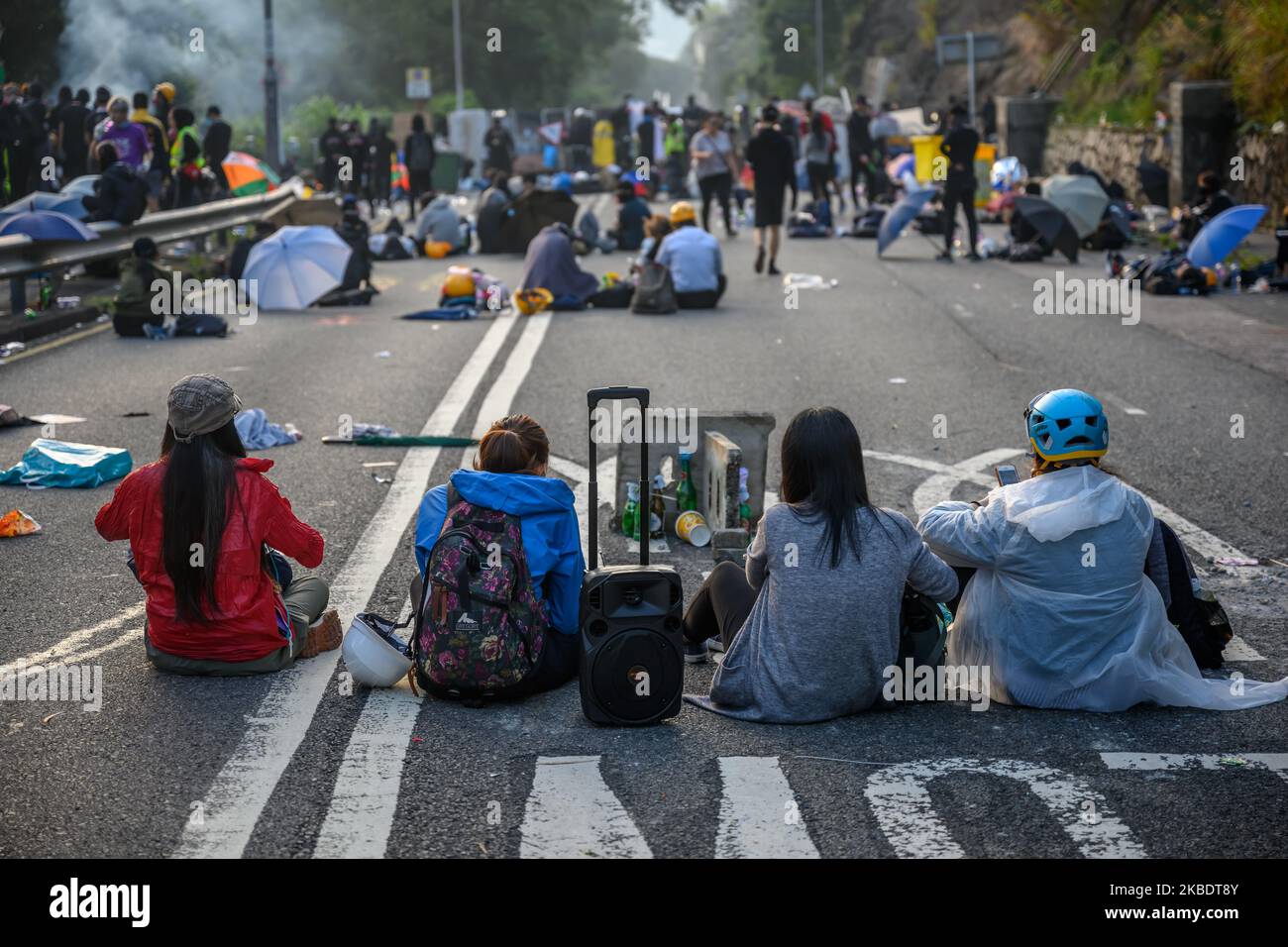 Protestors wait until next morning on Nov 13, 2019. Battle of Number two bridge in the Chinese University of Hong Kong. Police entering University and student push back the police. (Photo by Kwan Wong/NurPhoto) Stock Photo