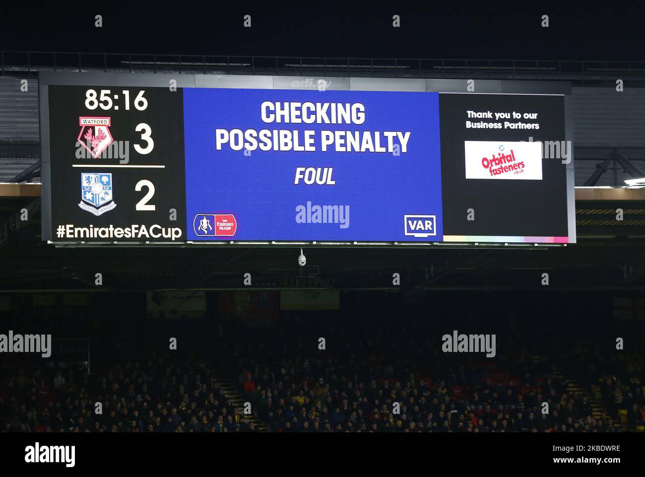 VAR checking for penalty during Emirates FA Cup Third Round match between Watford and Tranmere Rovers on January 04 2020 at Vicarage Road Stadium, Watford, England. (Photo by Action Foto Sport/NurPhoto) Stock Photo