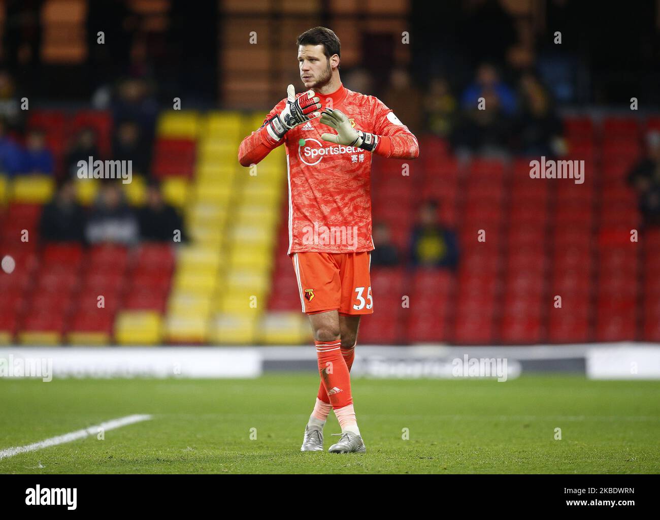 Watford's Daniel Bachmann during Emirates FA Cup Third Round match between Watford and Tranmere Rovers on January 04 2020 at Vicarage Road Stadium, Watford, England. (Photo by Action Foto Sport/NurPhoto) Stock Photo