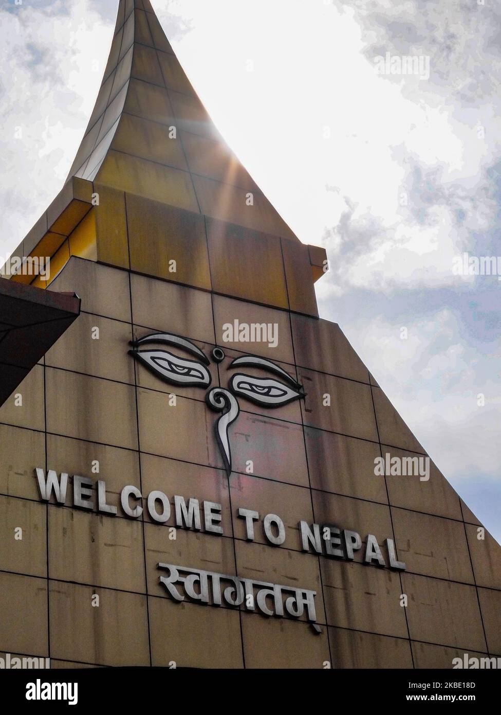 A welcome monument greets visitors outside of Tribhuvan International Airport, Kathmandu, Nepal. Credit: John Fredricks (Photo by John Fredricks/NurPhoto) Stock Photo