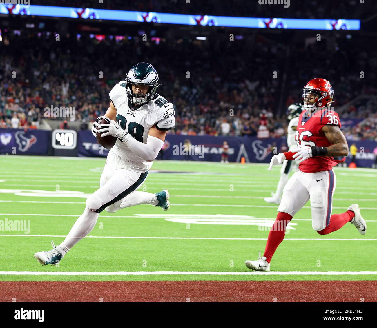 November 3, 2022: Philadelphia Eagles tight end Dallas Goedert (88) scores  on a 4-yard touchdown catch during an NFL game between the Texans and the  Eagles on Nov. 3, 2022, in Houston.