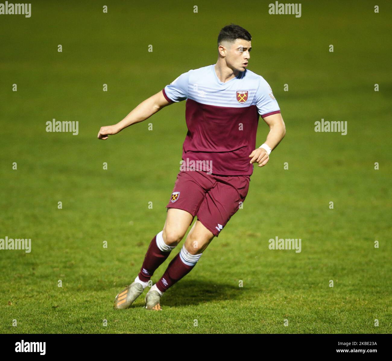 Joe Powell of West Ham United in action during Premier League 2 match between West Ham United and Manchester United at The Chigwell Construction Stadium in Dagenham, England on January 06, 2020 (Photo by Action Foto Sport/NurPhoto) Stock Photo