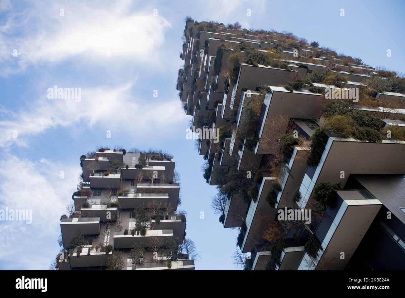 General view of Bosco Verticale (Vertical Forest) in Milan, Italy, on  January 07 2020. Bosco Verticale is a pair of residential towers in the  Porta Nuova district of Milan, Italy, between Via