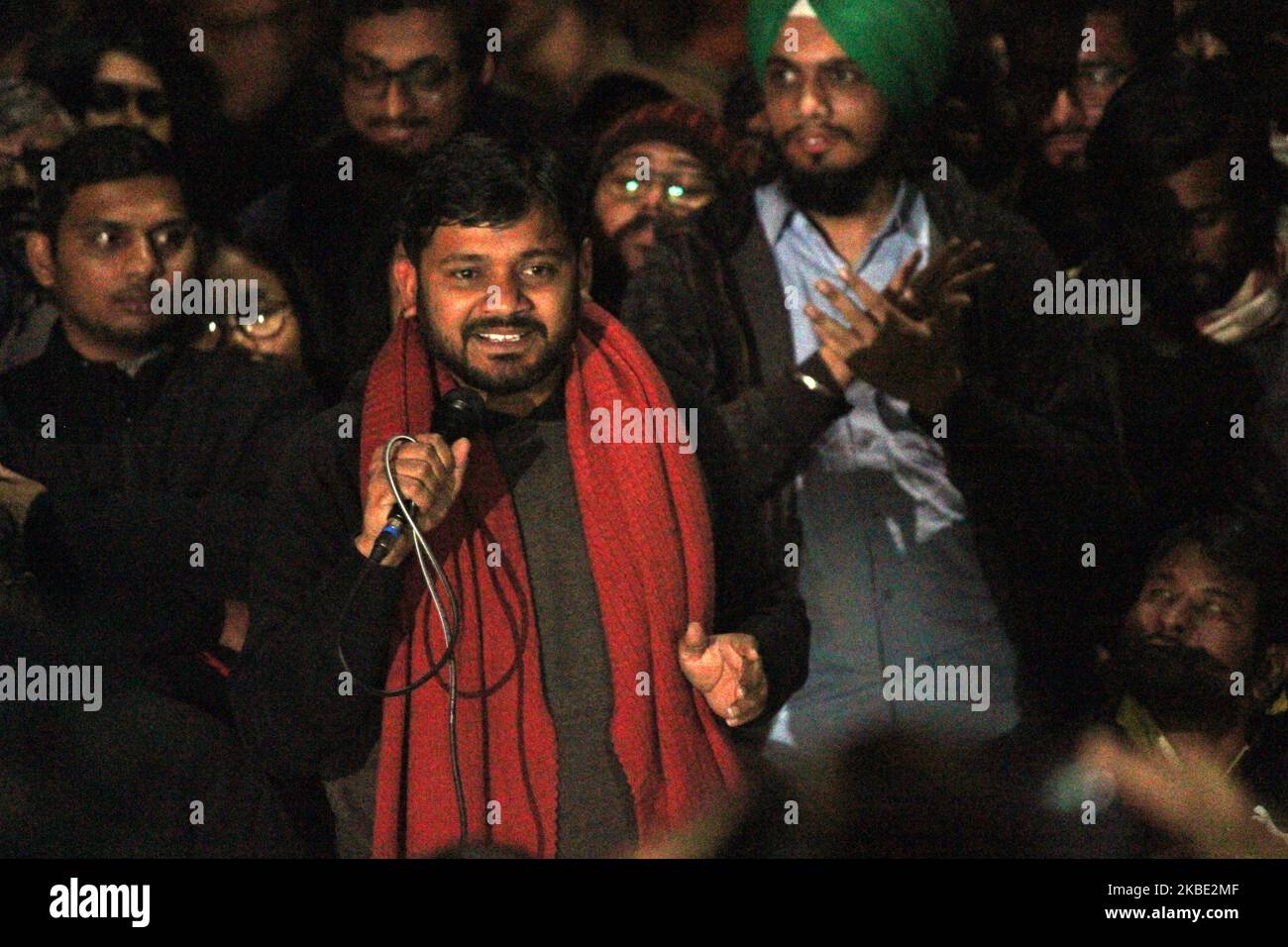 Former JNUSU president Kanhaiya Kumar addresses the gathering, outside Sabarmati Hostel on January 7, 2020 in New Delhi, India. A group of masked goons barged into the university on Sunday and attacked several students and teachers, went on a rampage, injuring 34 people. (Photo by Mayank Makhija/NurPhoto) Stock Photo