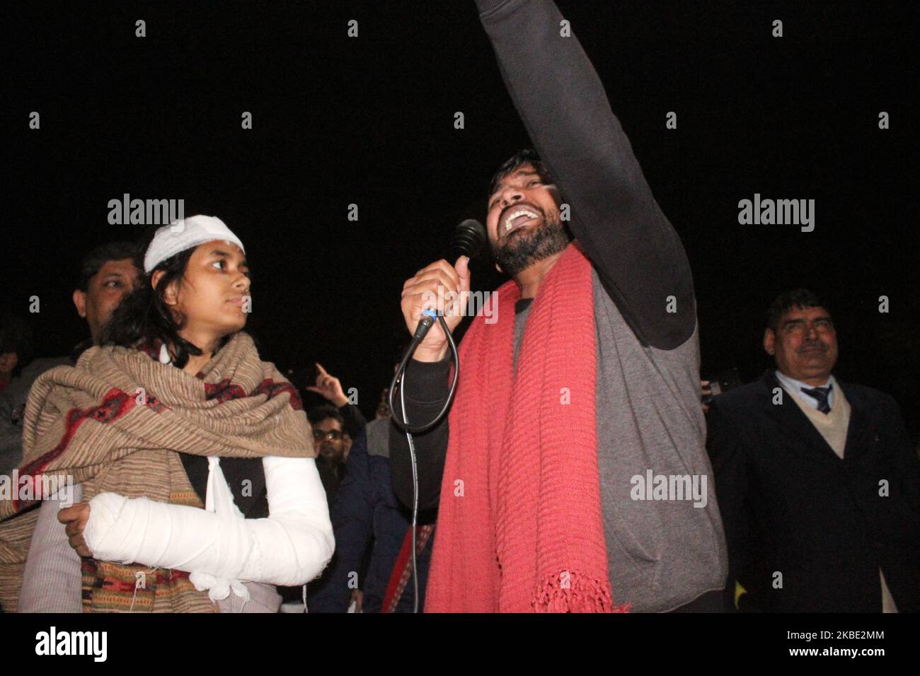 Former JNUSU president Kanhaiya Kumar addresses the gathering, outside Sabarmati Hostel on January 7, 2020 in New Delhi, India. A group of masked goons barged into the university on Sunday and attacked several students and teachers, went on a rampage, injuring 34 people. (Photo by Mayank Makhija/NurPhoto) Stock Photo