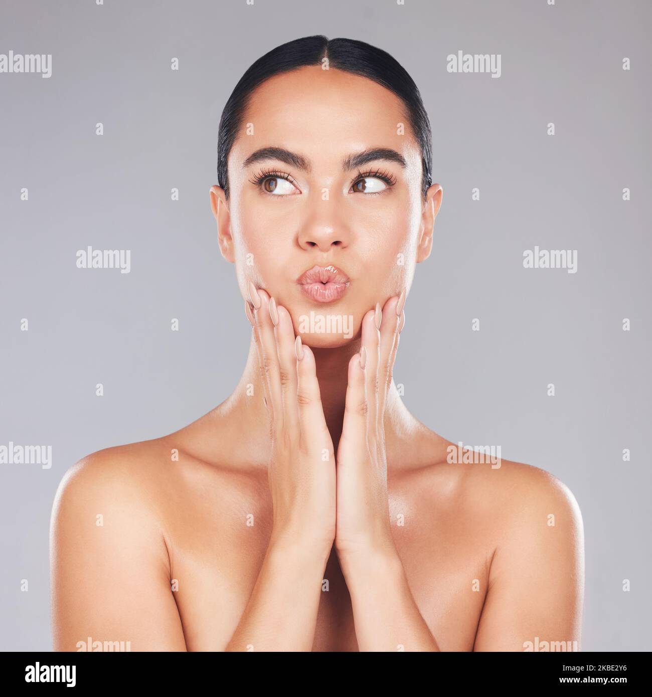 Skincare, lips care and beauty woman with facial cosmetics, luxury