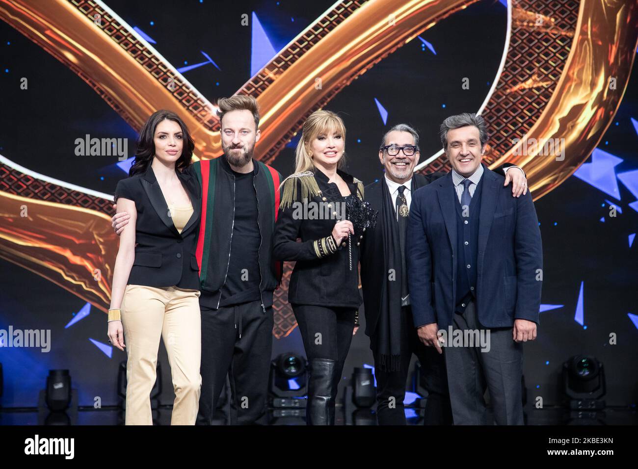 Milly Carlucci, Ilenia Pastorelli, Francesco Facchinetti, Guillermo Mariotto, Flavio Insinna attends the presentation of the new television show 'The masked singer', in Milan, Italy, on January 8, 2020. (Photo by Mauro Fagiani/NurPhoto) Stock Photo