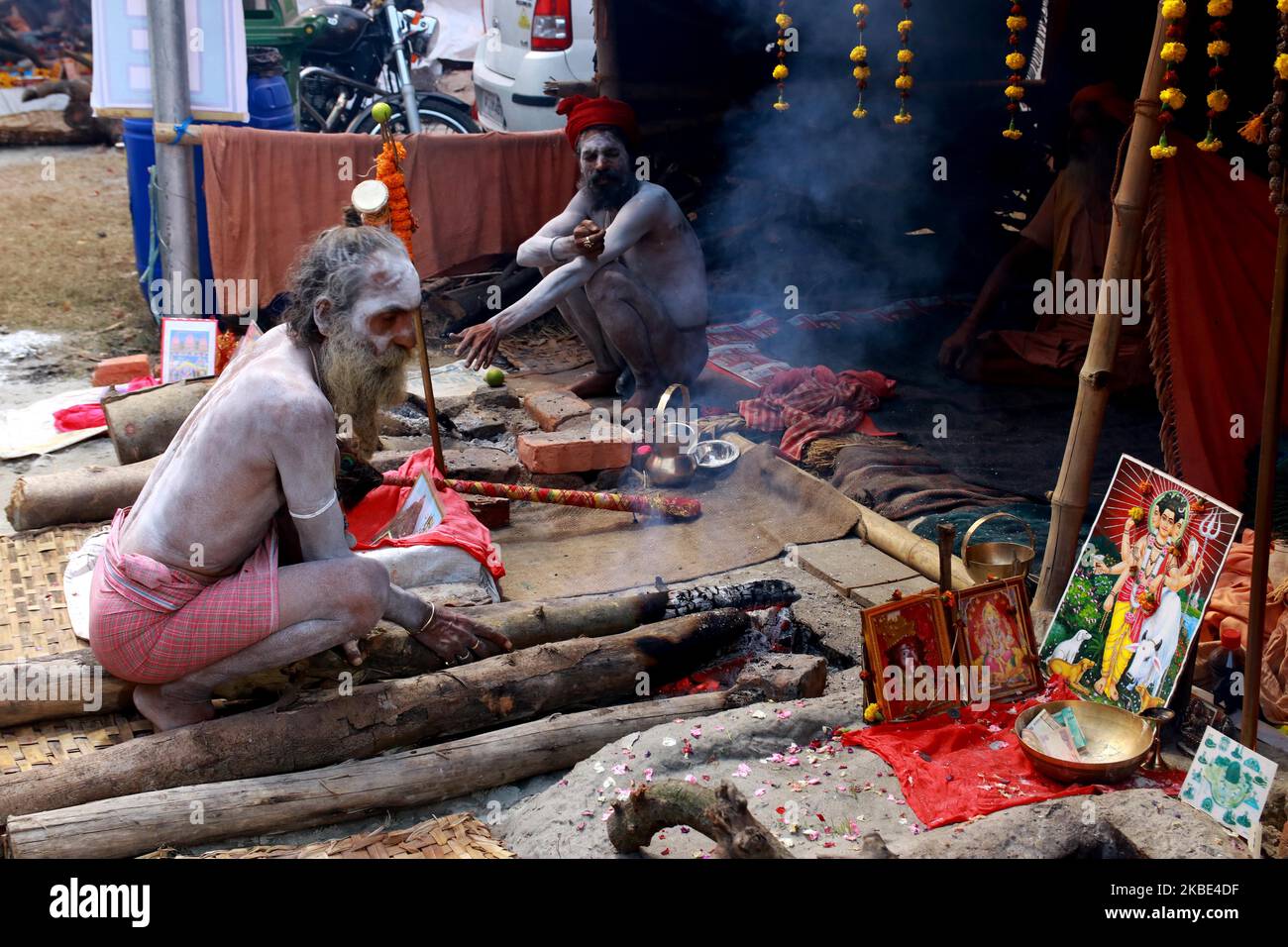 Indian Naga Sadhu at the temporary gangasagar mela camp at Kolkata Babughat on January 08,2020 ,Kolkata ,India.Devotees have started arriving to the city for the annual holy dip at Gangasagar, the confluence of River Ganges and Bay of Bengal, about 130 kilometers (81 miles) south of Kolkata to mark Makarsankranti festival on Jan. 14. (Photo by Debajyoti Chakraborty/NurPhoto) Stock Photo