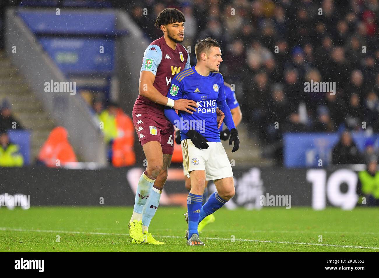 Tyrone Mings (40) of Aston Villa and Jamie Vardy (9) of Leicester City during the Carabao Cup Semi Final 1st Leg between Leicester City and Aston Villa at the King Power Stadium, Leicester on Wednesday 8th January 2020. (Photo by Jon Hobley/MI News/NurPhoto) Stock Photo