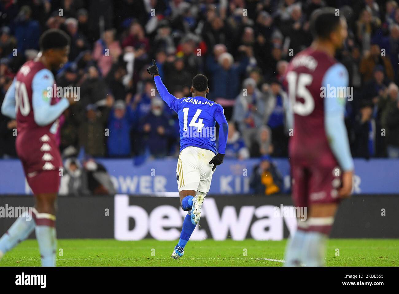 Kelechi Iheanacho (14) of Leicester City celebrates after scoring a goal to make it 1-1 during the Carabao Cup Semi Final 1st Leg between Leicester City and Aston Villa at the King Power Stadium, Leicester on Wednesday 8th January 2020. (Photo by Jon Hobley/MI News/NurPhoto) Stock Photo