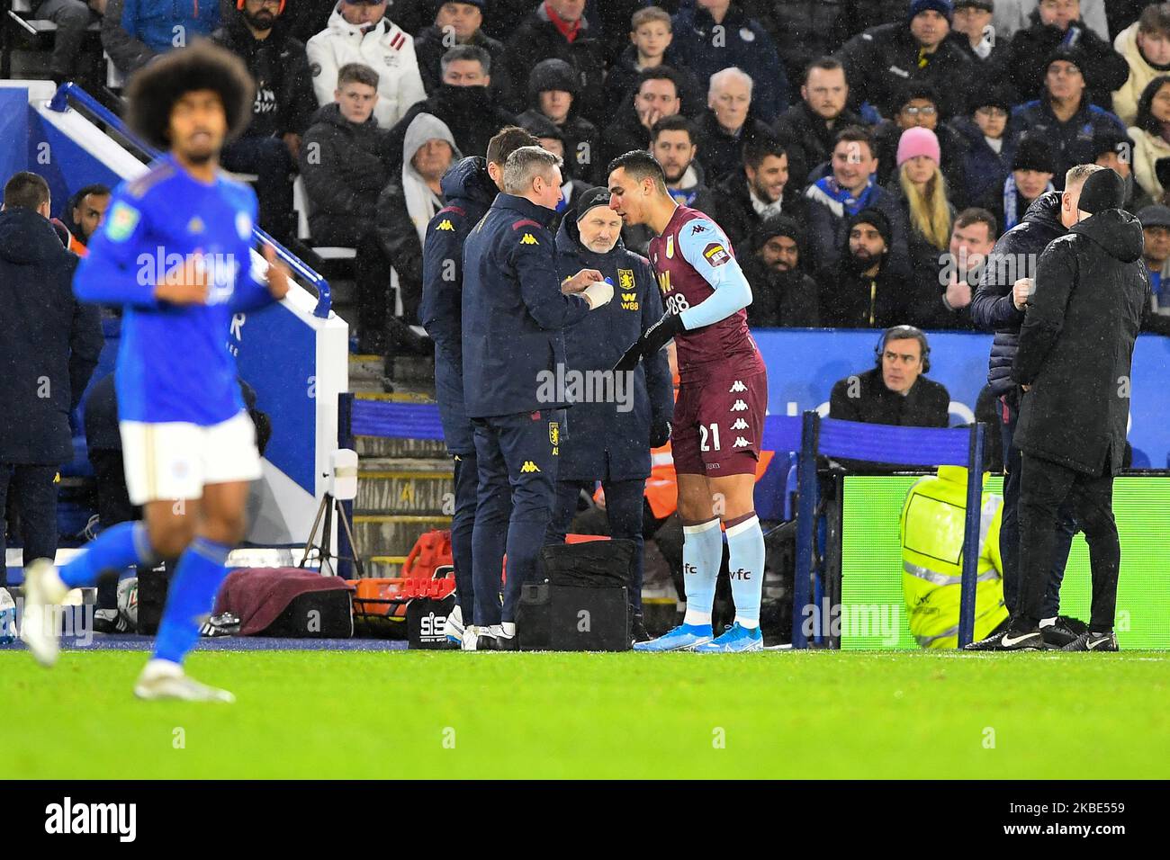 Anwar El Ghazi (21) of Aston Villa gets medical attention after getting a knock to the face during the Carabao Cup Semi Final 1st Leg between Leicester City and Aston Villa at the King Power Stadium, Leicester on Wednesday 8th January 2020. (Photo by Jon Hobley/MI News/NurPhoto) Stock Photo