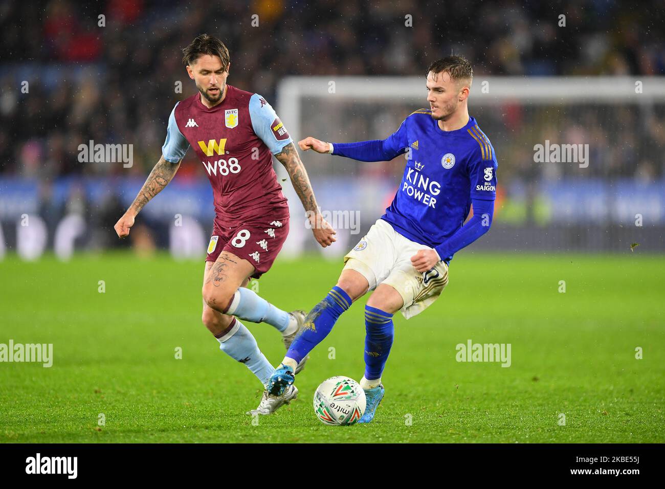 James Maddison (10) of Leicester City battles with Henri Lansbury (8) of Aston Villa during the Carabao Cup Semi Final 1st Leg between Leicester City and Aston Villa at the King Power Stadium, Leicester on Wednesday 8th January 2020. (Photo by Jon Hobley/MI News/NurPhoto) Stock Photo
