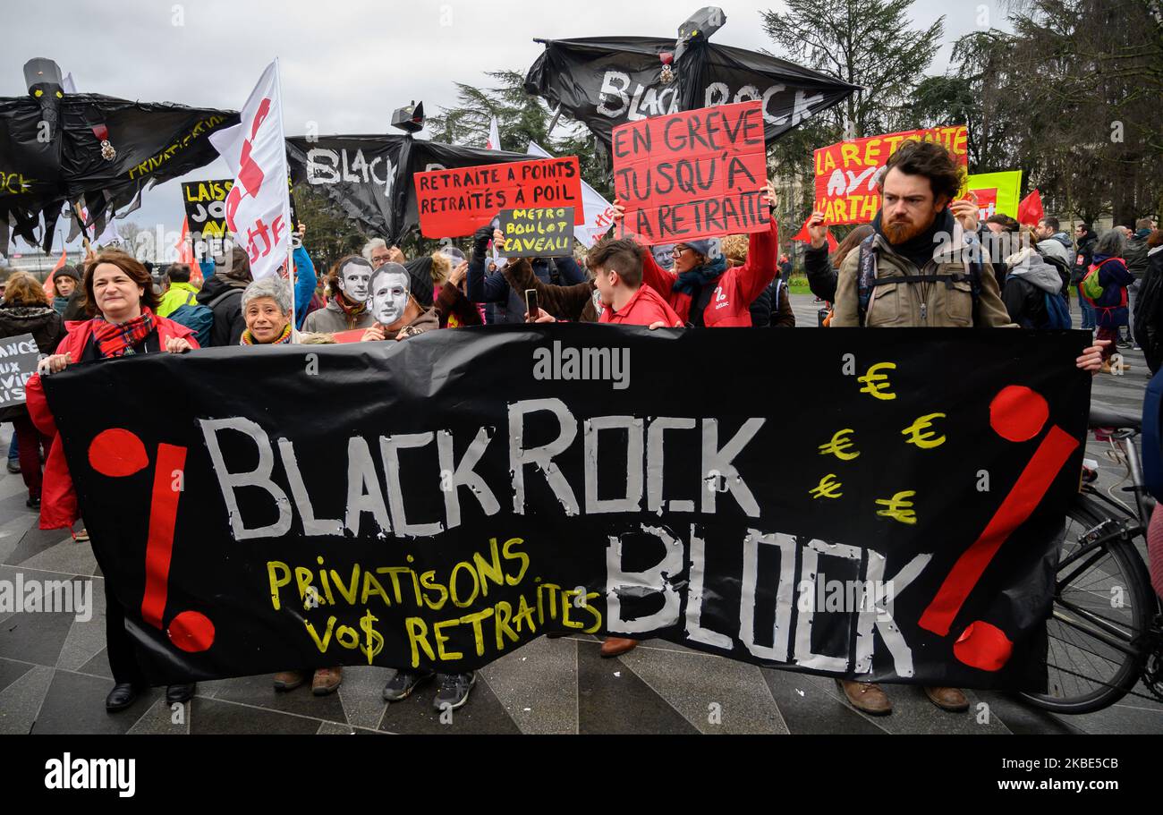 Activists from Attac organized a â€œBlackRockâ€ action during the demonstration against the pension reform project on January 9, 2020 in Nantes, France to denounce the openness towards capitalization of the pension system (Photo by Estelle Ruiz/NurPhoto) Stock Photo
