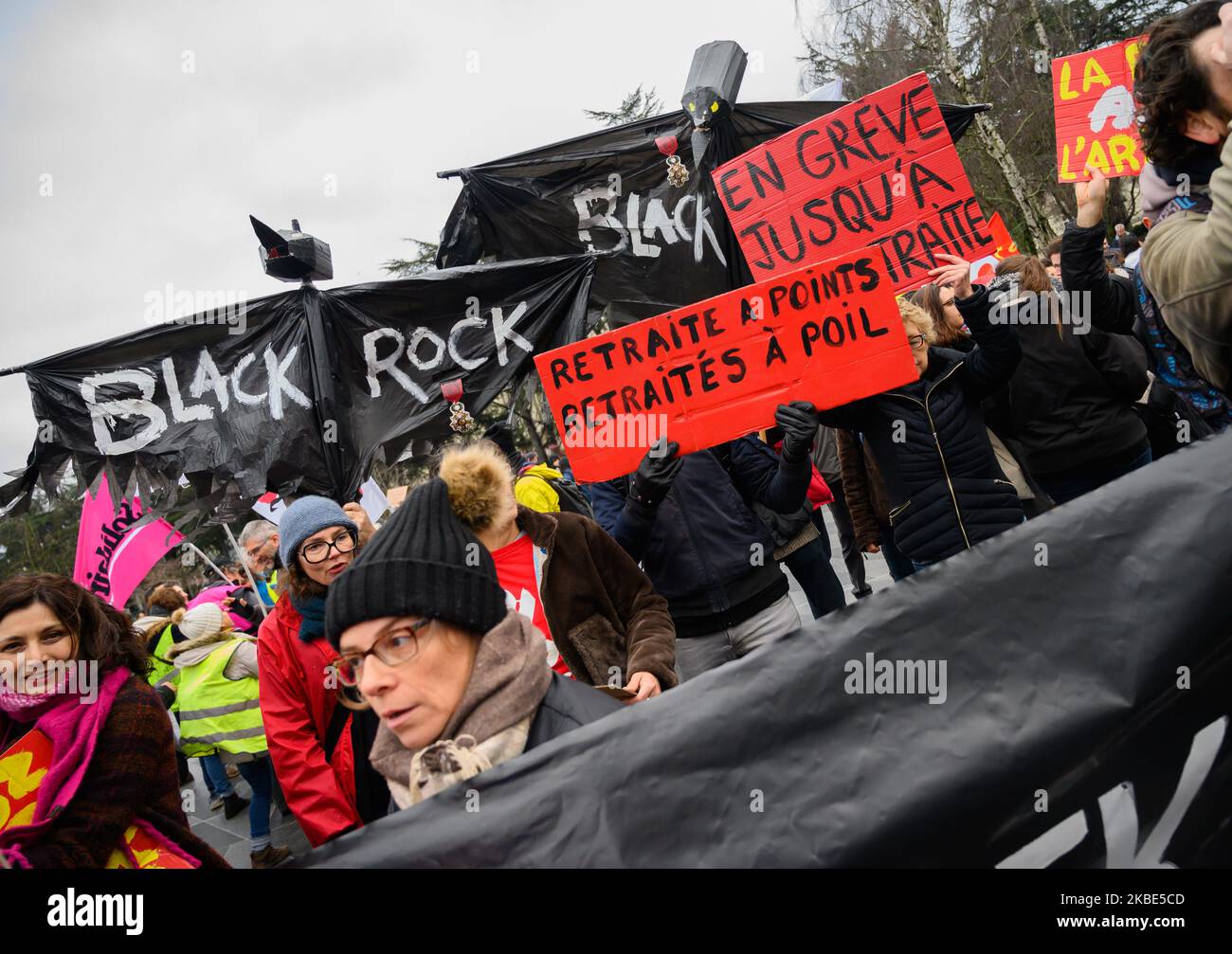 Activists from Attac organized a â€œBlackRockâ€ action during the demonstration against the pension reform project on January 9, 2020 in Nantes, France to denounce the openness towards capitalization of the pension system (Photo by Estelle Ruiz/NurPhoto) Stock Photo