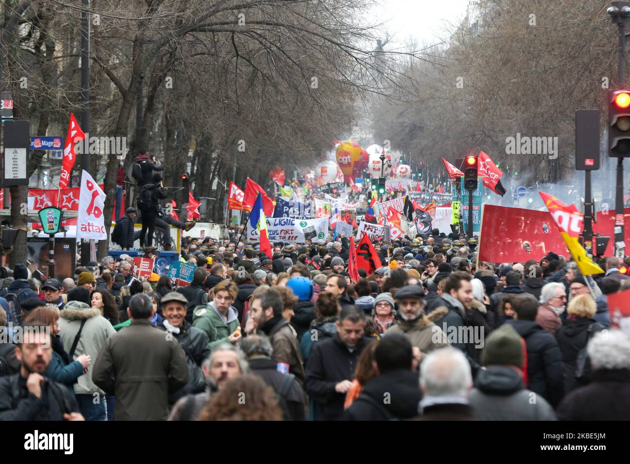 Protestors take to the street during a demonstration in Paris, on January 9, 2020, on the 36th day of a nationwide multi-sector strike against French government's pensions overhaul. (Photo by Michel Stoupak/NurPhoto) Stock Photo