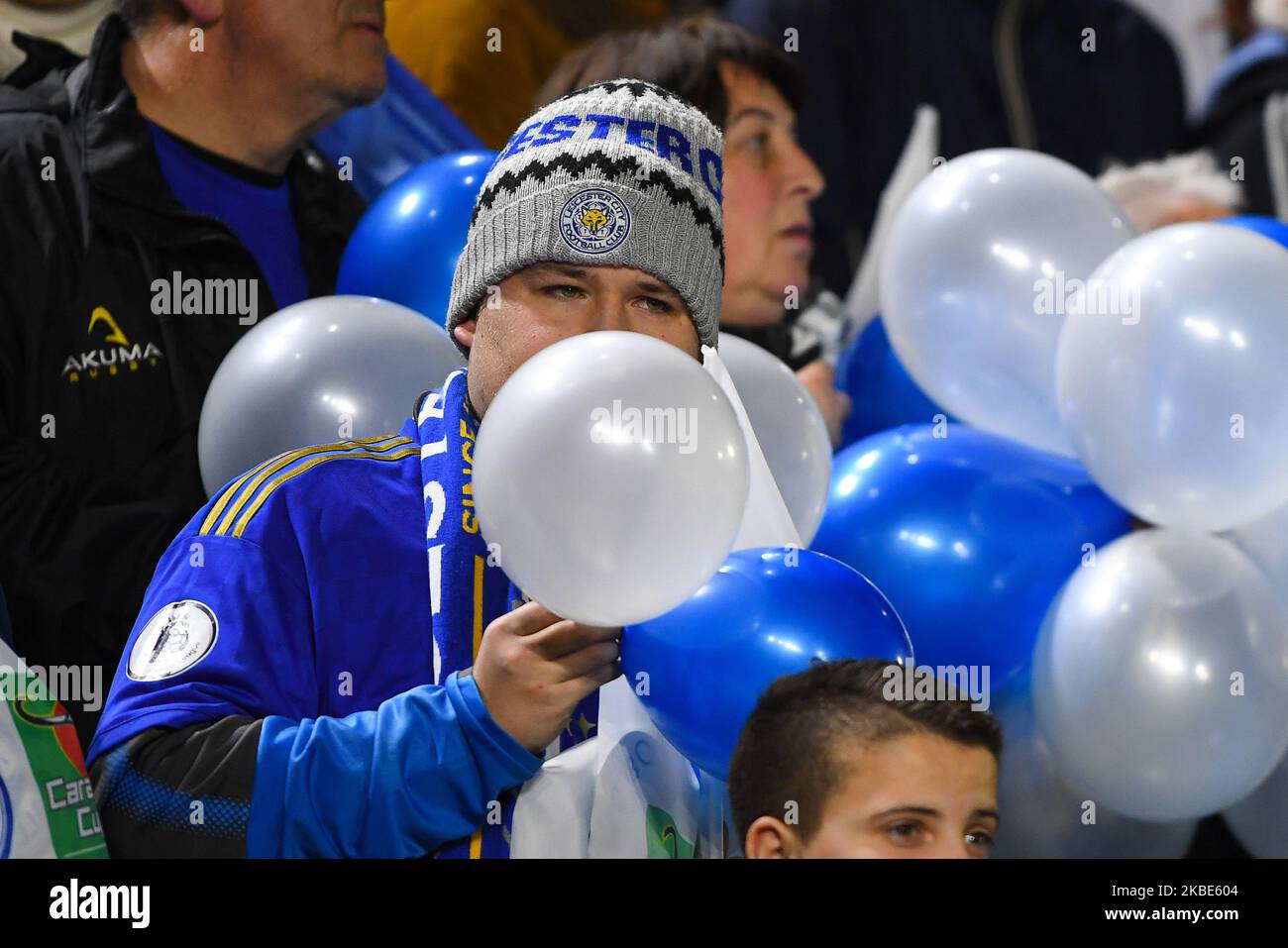 Leicester City supporter with balloons during the Carabao Cup Semi Final 1st Leg between Leicester City and Aston Villa at the King Power Stadium, Leicester on Wednesday 8th January 2020. (Photo by Jon Hobley/MI News/NurPhoto) Stock Photo