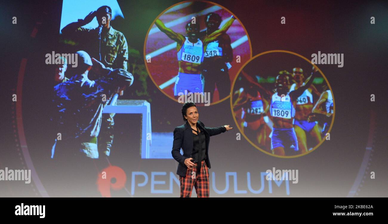 Kelly Holmes, a British middle distance athlete, a double gold medal at 2004 Summer Olympics, speaks at Pendulum Summit, World's Leading Business and Self-Empowerment Summit, in Dublin Convention Center. On thursday, 9 January 2020, in Dublin, Ireland. (Photo by Artur Widak/NurPhoto) Stock Photo