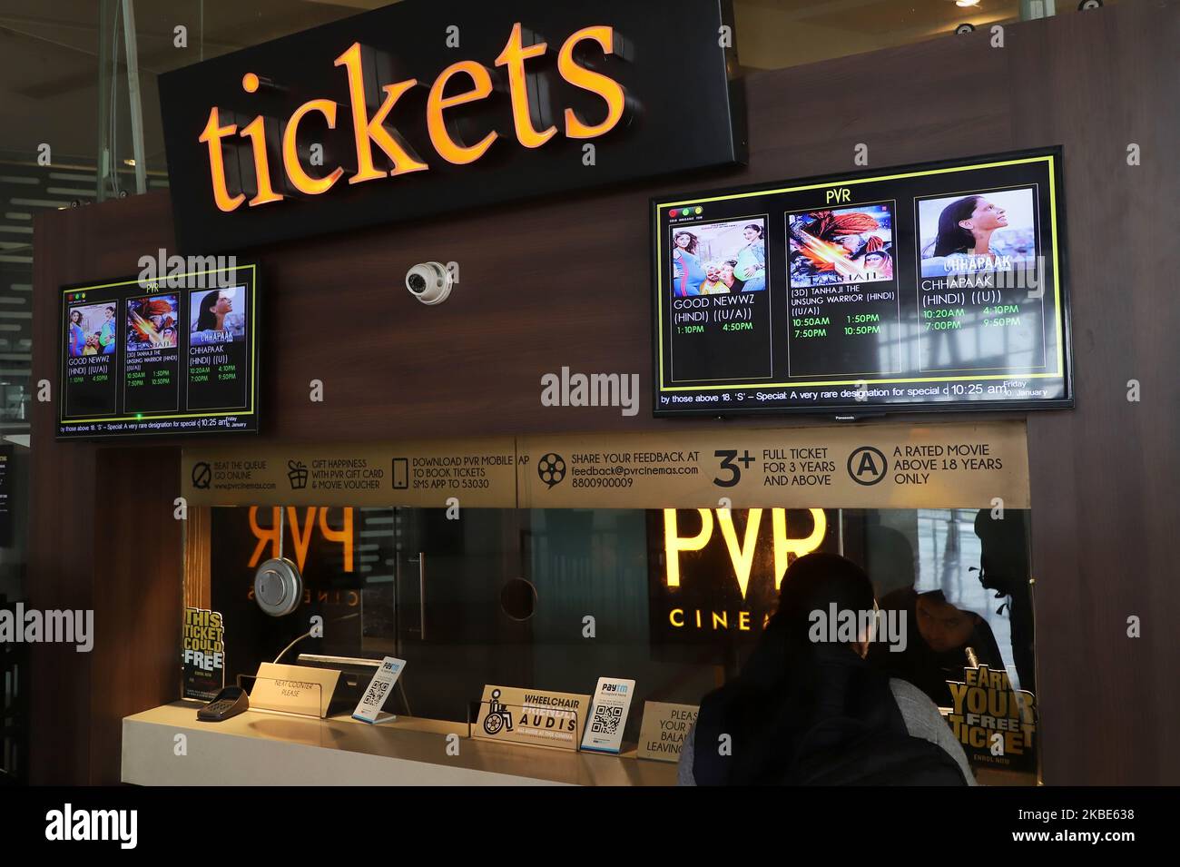 A girl purchases Deepika Padukone's 'Chhapaak' movie tickets from a booking counter in New Delhi India on 10 January 2020. Deepika Padukone's visit to Jawaharlal Nehru University on Tuesday evening caused a firestorm and sharply divided social media. (Photo by Nasir Kachroo/NurPhoto) Stock Photo