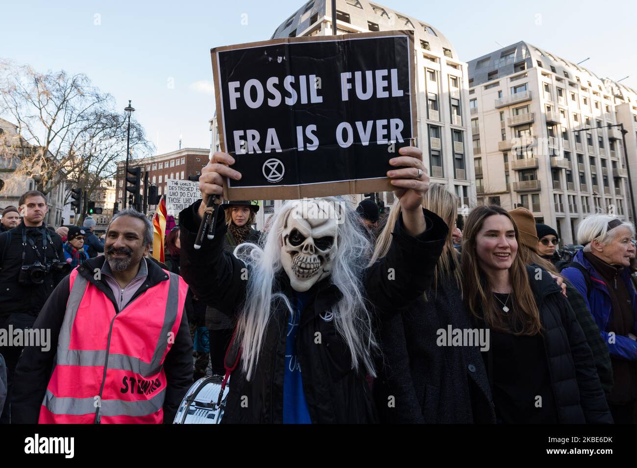 Hundreds of activists from Extinction Rebellion stage a protest outside the Australian Embassy in London against the Australian government's inadequate response to the ongoing bushfires and climate and ecological emergency on 10 January, 2020 in London, England. Australia is experiencing devastating bushfires fueled by record-breaking temperatures and months of severe drought with an estimated 10 million hectares of land burned and 1 billion animals killed including the iconic koalas and kangaroos. (Photo by WIktor Szymanowicz/NurPhoto) Stock Photo