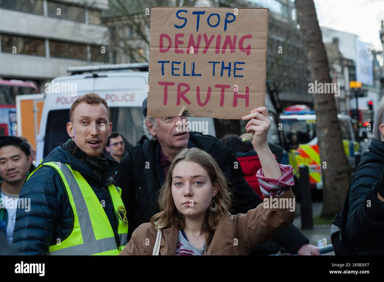 Hundreds of activists from Extinction Rebellion stage a protest outside the Australian Embassy in London against the Australian government's inadequate response to the ongoing bushfires and climate and ecological emergency on 10 January, 2020 in London, England. Australia is experiencing devastating bushfires fueled by record-breaking temperatures and months of severe drought with an estimated 10 million hectares of land burned and 1 billion animals killed including the iconic koalas and kangaroos. (Photo by WIktor Szymanowicz/NurPhoto) Stock Photo